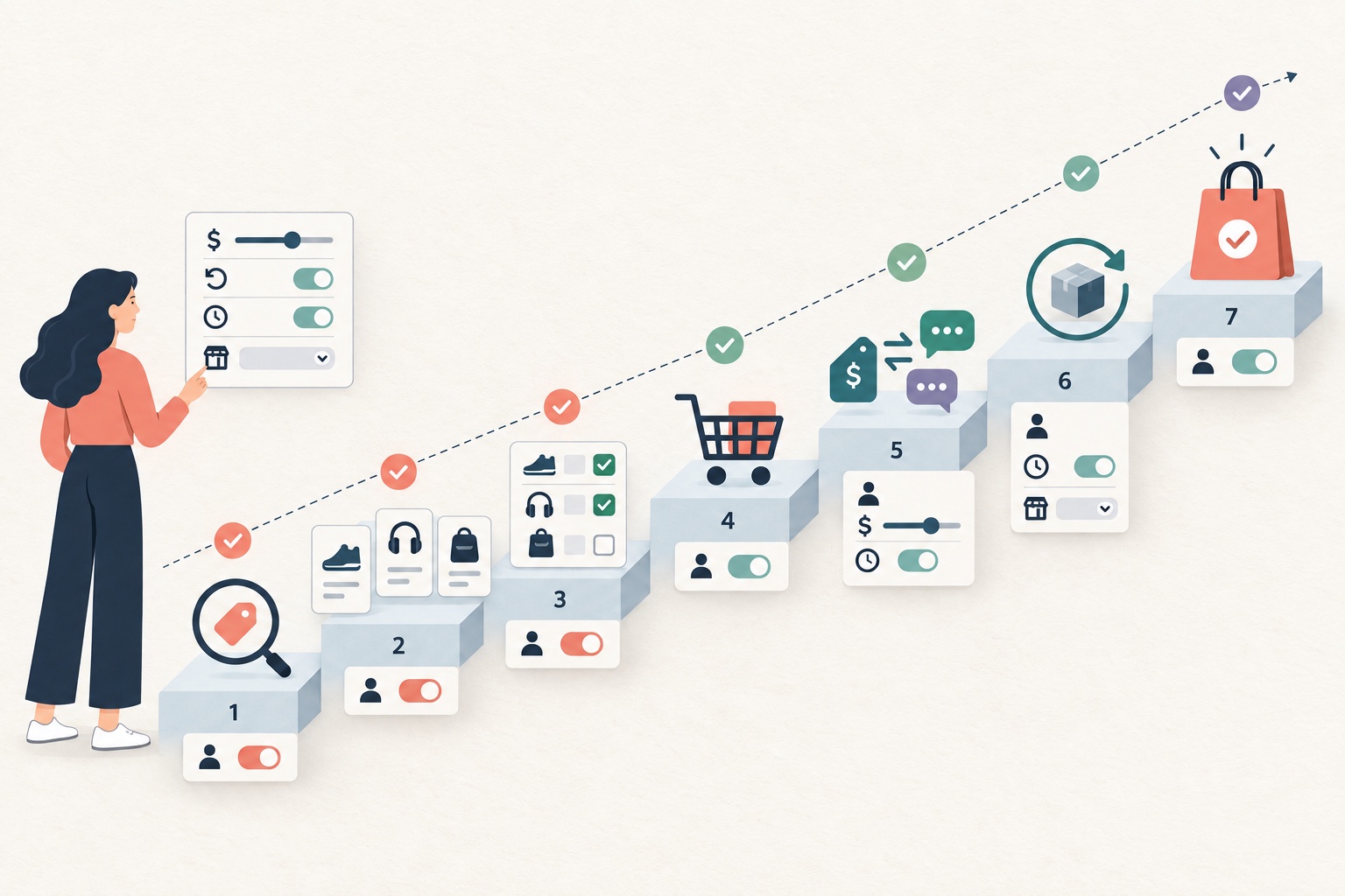 A seven-step shopping approval ladder from product suggestions through comparison, cart, negotiation, reorder, and bounded purchase