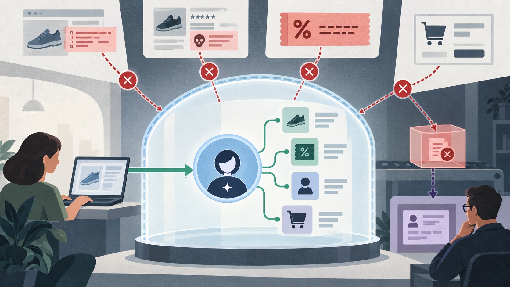 A shopping assistant inside a controlled test boundary rejecting poisoned product content, promotion abuse, and unauthorized checkout actions
