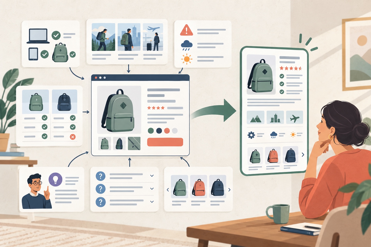 Product pages, compatibility details, comparison evidence, expert guidance, and FAQs being assembled into a useful AI shopping answer