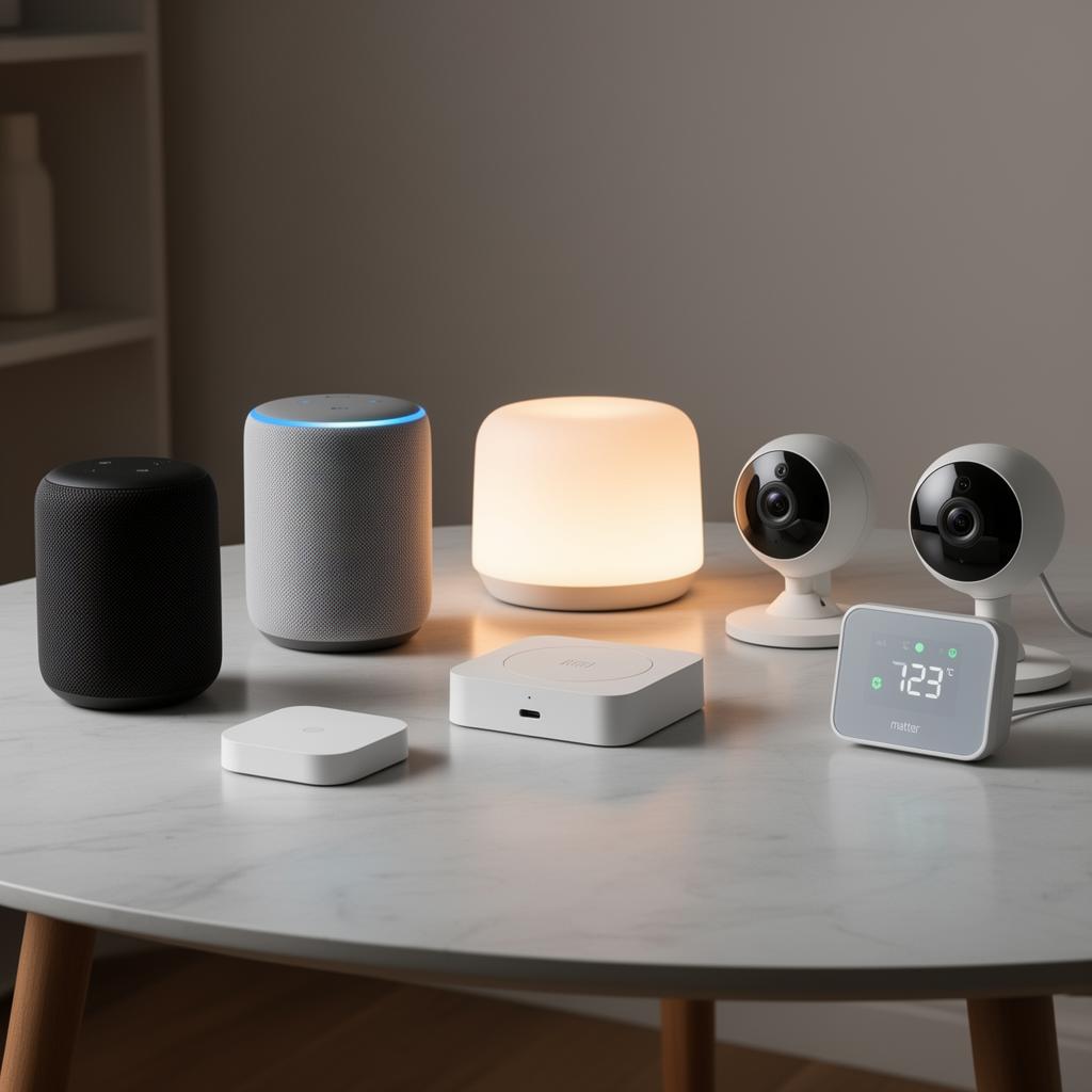 Matter-compatible smart home devices including hubs and lighting systems