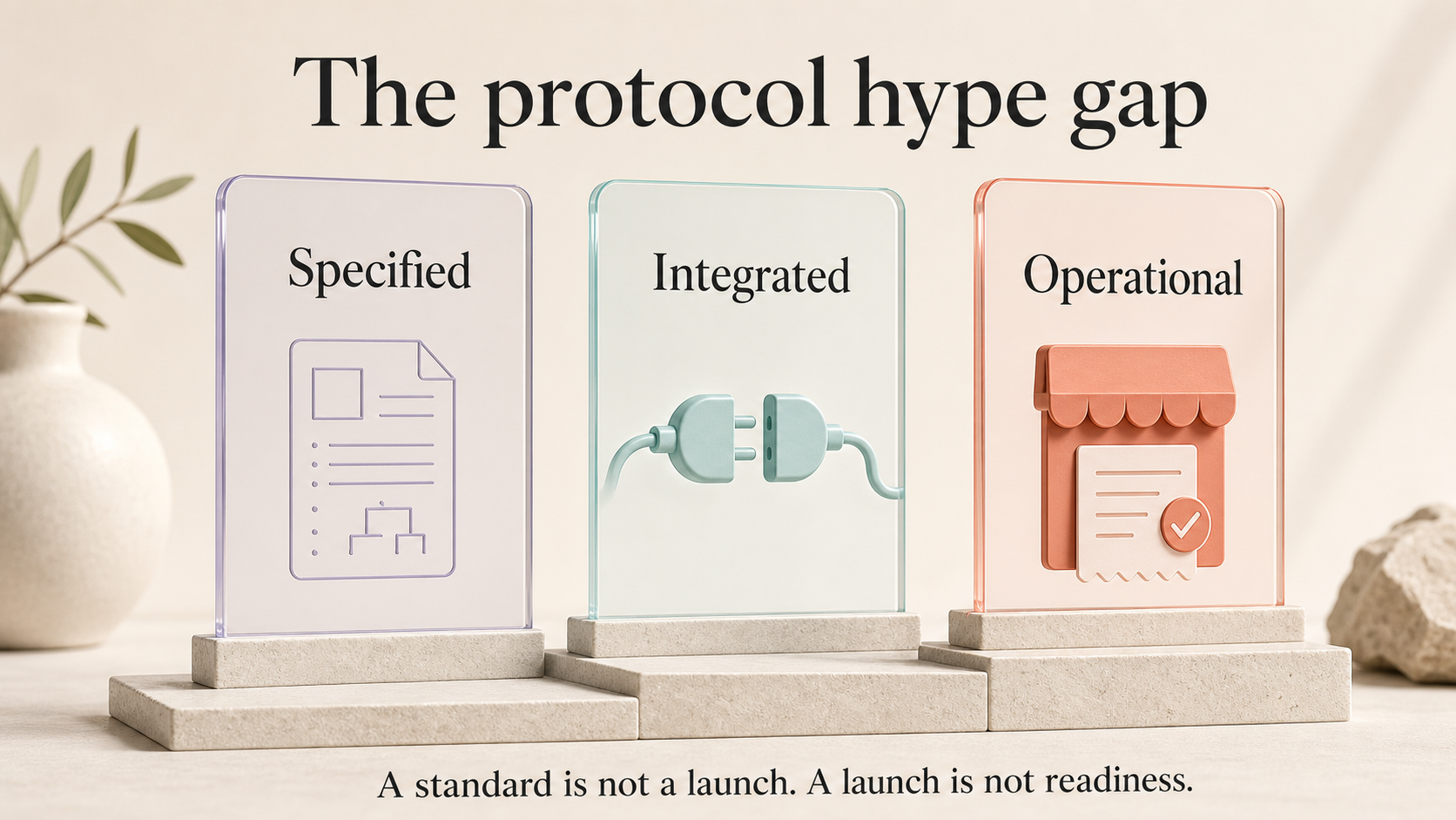 Editorial readiness ladder with three labeled acrylic panels: Specified, Integrated, and Operational, captioned A standard is not a launch. A launch is not readiness.