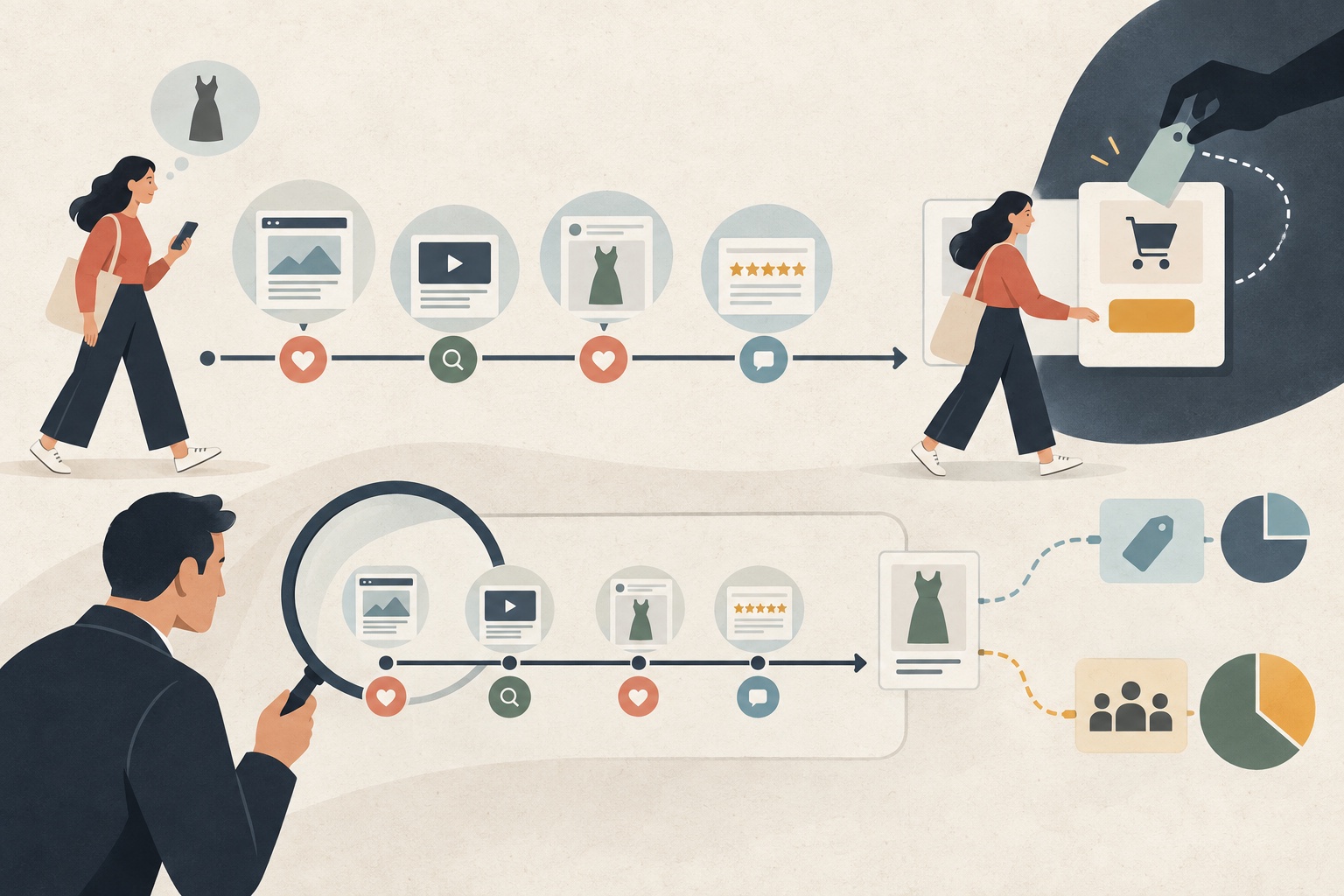 An AI shopping journey where an invisible late referral tag tries to claim a sale while an audit traces the genuine discovery path